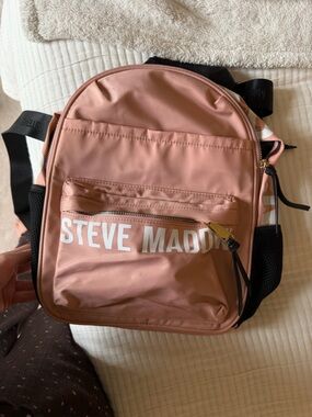 Steve Madden Rose Pink Nylon Mini Backpack with Logo Front Pocket